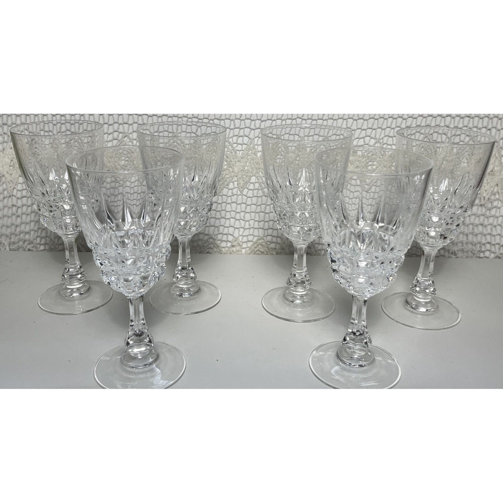Vintage Crystal Wine Glasses Set of 6 Diamond Cut Stemmed Goblets 6.75in